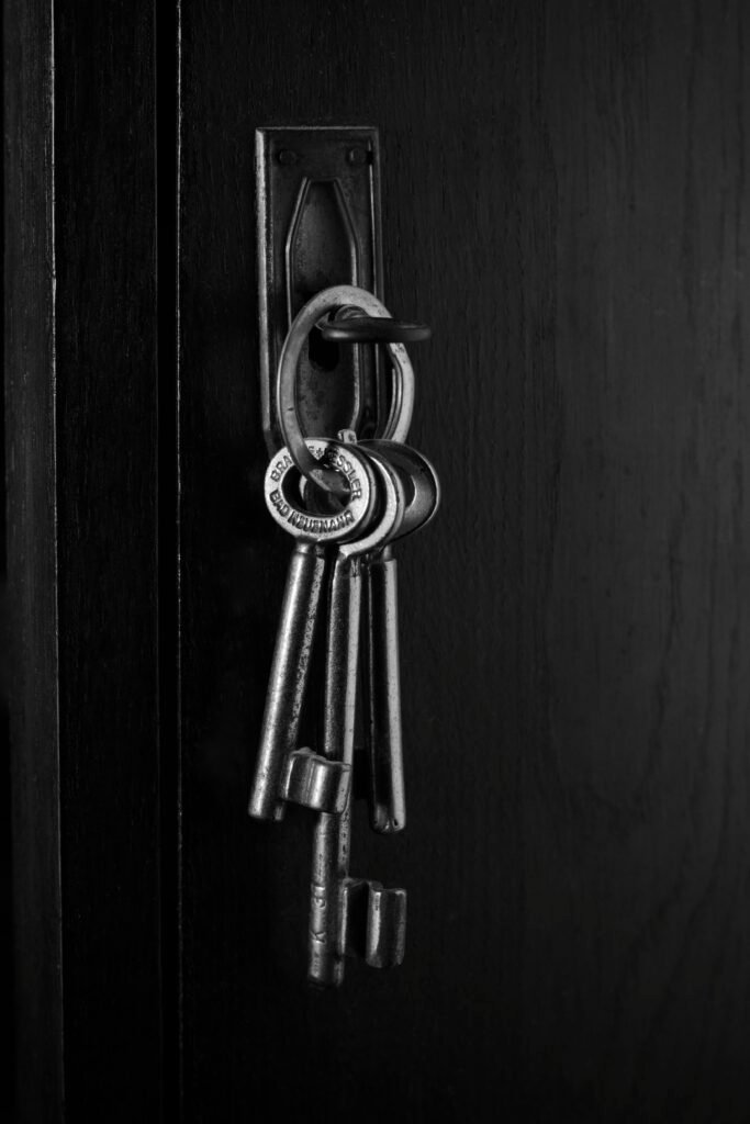 pexels-photo-36575138-36575138 Monochrome image of vintage skeleton keys hanging from a dark wood door, evoking mystery.